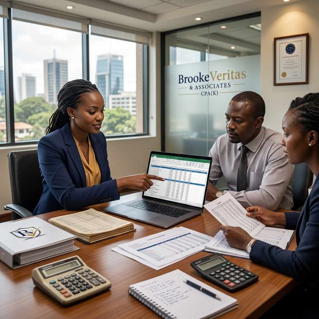 Business advisor presenting a spreadsheet to clients in an office