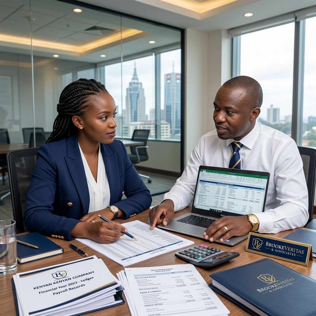 Accountant reviewing ledger and payroll records