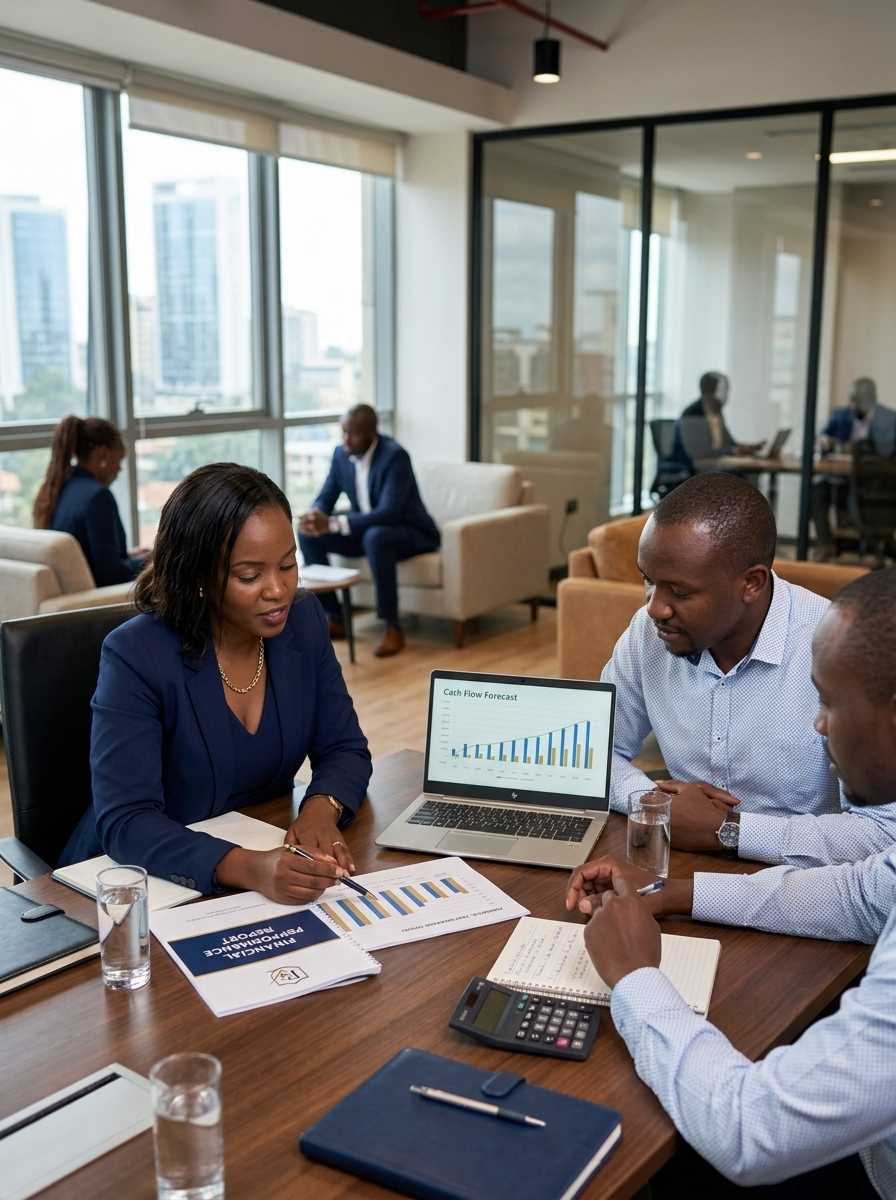 Advisor reviewing a cash flow forecast with a client in a lounge meeting